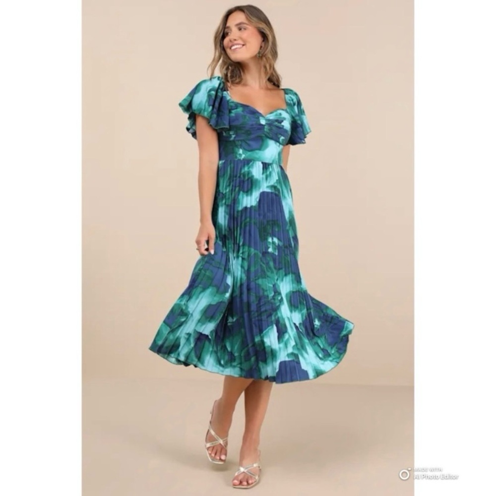 Lulus XL Authentically Yours Teal Multi Abstract Print Midi Dress NWT Party